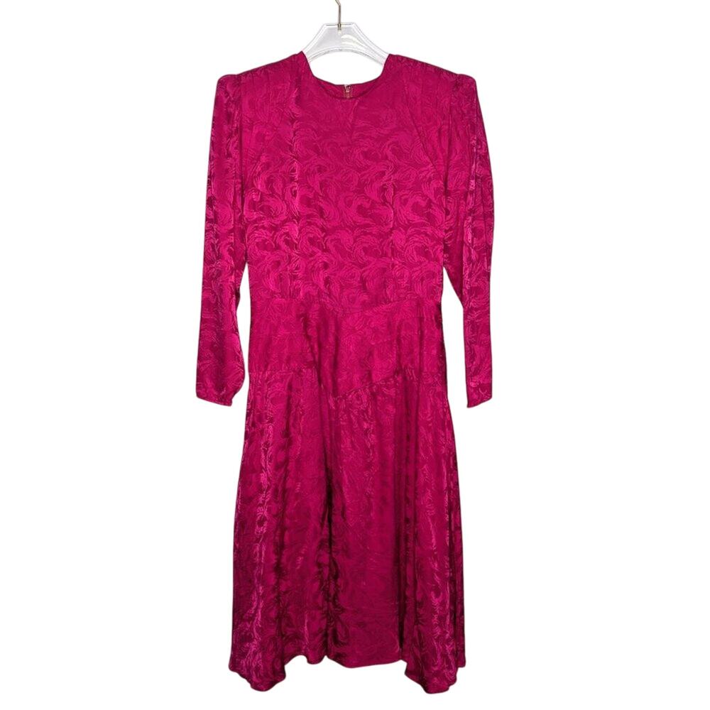 Argenti Vintage 80's Pink Silk Dress Long Sleeve Swirl Pattern Waist Detail